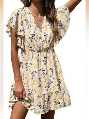 Cream and Yellow Floral Ruffle V-Neck Dress
